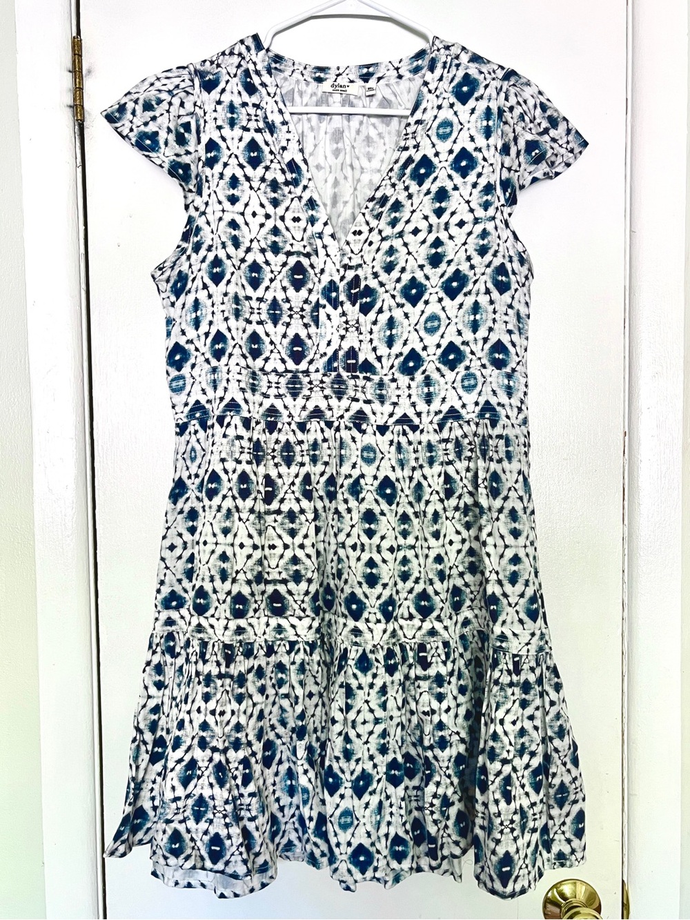 Cotton Short Sleeve Geometric Print Tiered Mini Dress